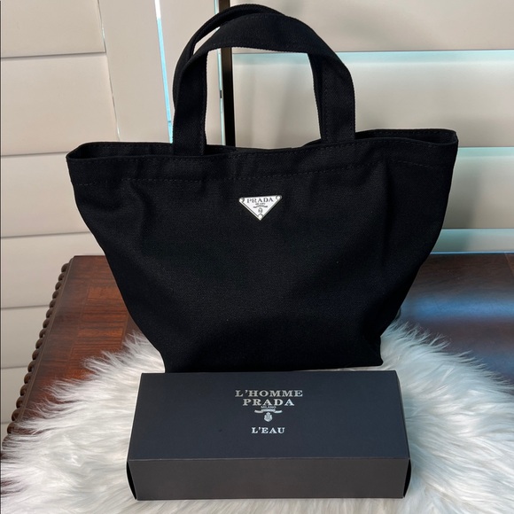 PRADA Beauty L'HOMME Milano L'EAU Black Mini Tote Canvas Bag Box PRADA Logo NWOT - Picture 17 of 17